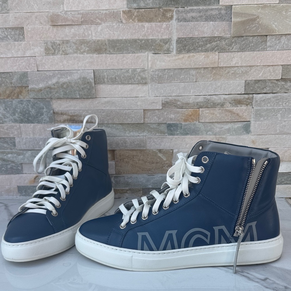 MCM Men’s Blue and White High-Top Sneakers with Box